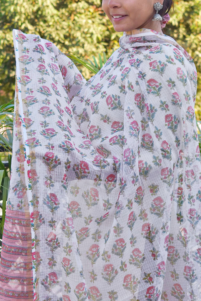 Hand Block Printed Kota Cotton Dupatta with zari border