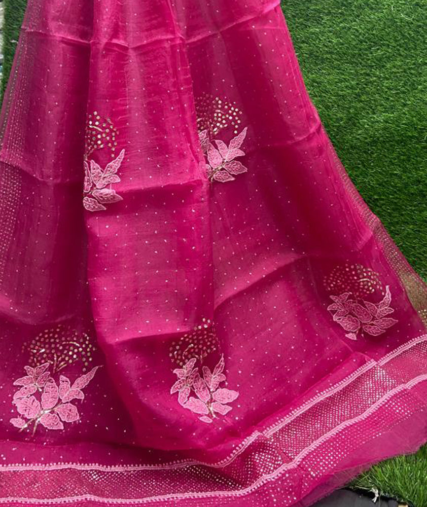 Lucknowi Chikan & Muqaish work Soft pure Organza silk Saree with blouse