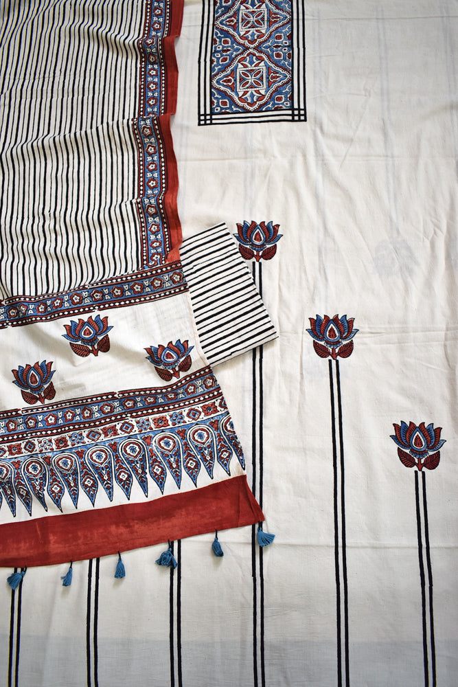 Block Print Ajrakh Cotton Suit with designer Ajrakh neck yoke /panel & Long Stole