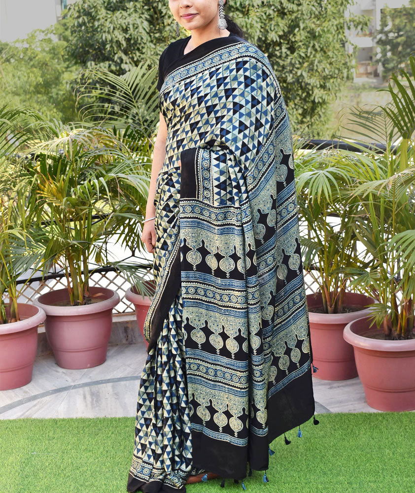Elegant Hand Block Printed Ajrakh Modal Silk Saree with tassels