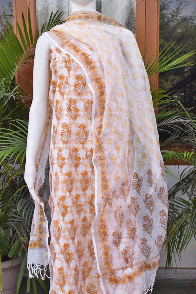 Elegant Sanganer Hand Block Printed Kota cotton Unstitched suit with Cotton Lining & bottom - 4 pc set