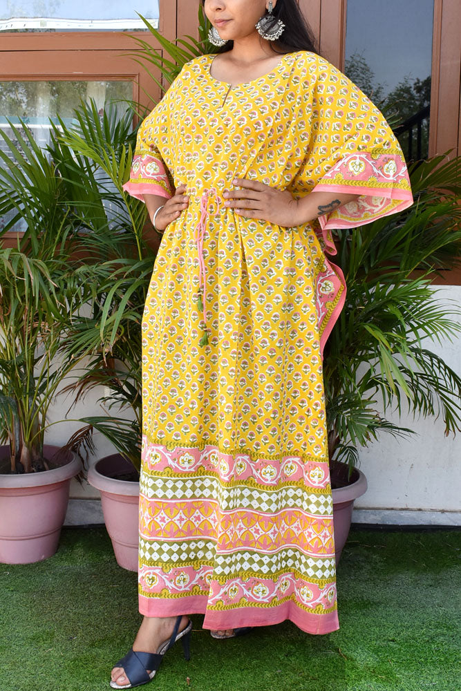 Beautiful Hand Block Printed Cotton Kaftan with Tassels