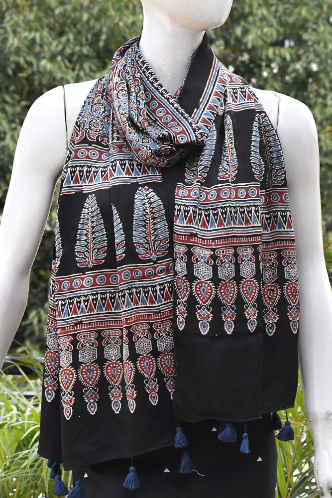Beautiful Hand Block Printed Ajrakh Modal Silk stole with Tassels