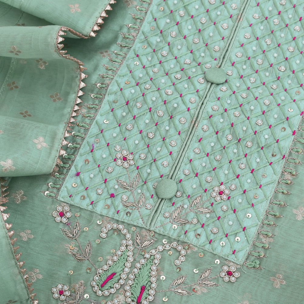 Beautiful Banarasi Chanderi unstitched suit fabric with Woven bootis, Hand embroidery & chanderi dupatta with stitched border Dupatta