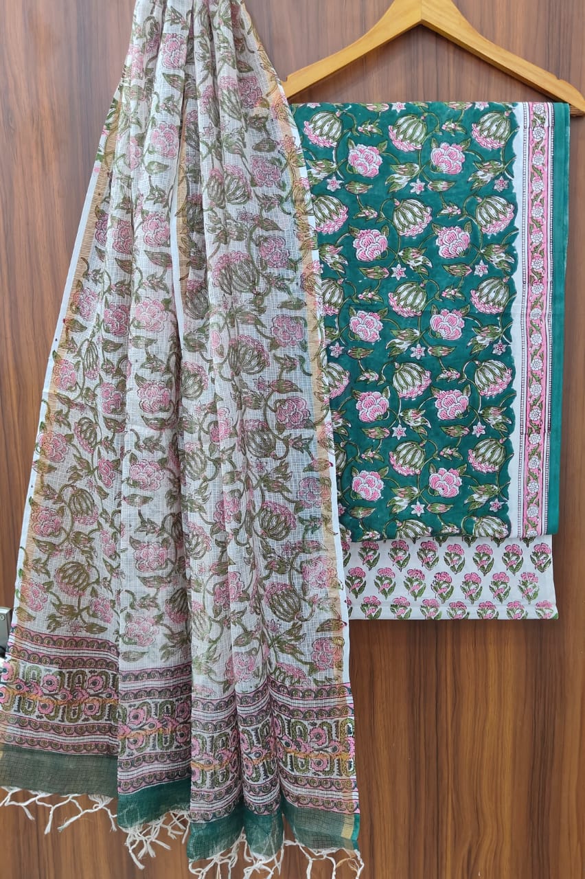 Beautiful Hand Block Printed Cotton unstitched suit fabric with Kota Doria Dupatta