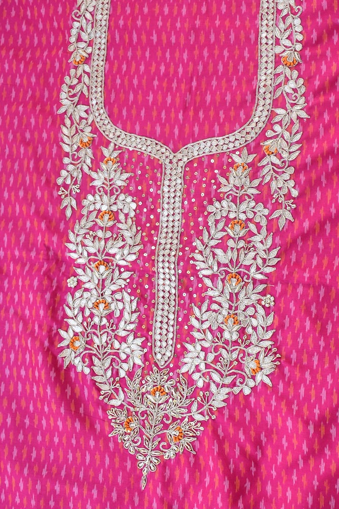 Elegant Handwoven Ikkat Silk Cotton Fabric with Hand Embroidery ( 2.5 mtrs)