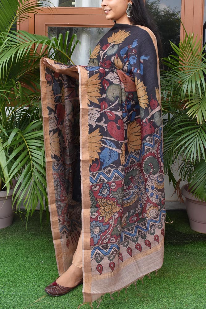 Earthy Hand Painted Kalamkari Desi Tussar Silk Dupatta