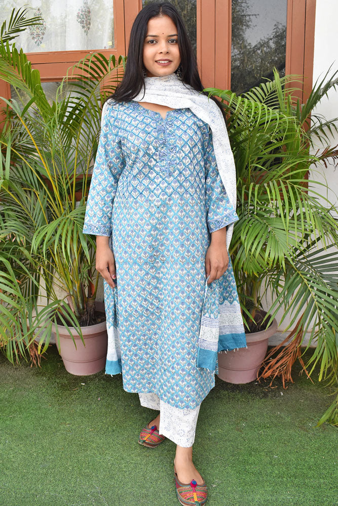Hand Block Printed Cotton suit with Hand Embroidery - Kurta , Cotton Dupatta & Pant - 40, 42, 44