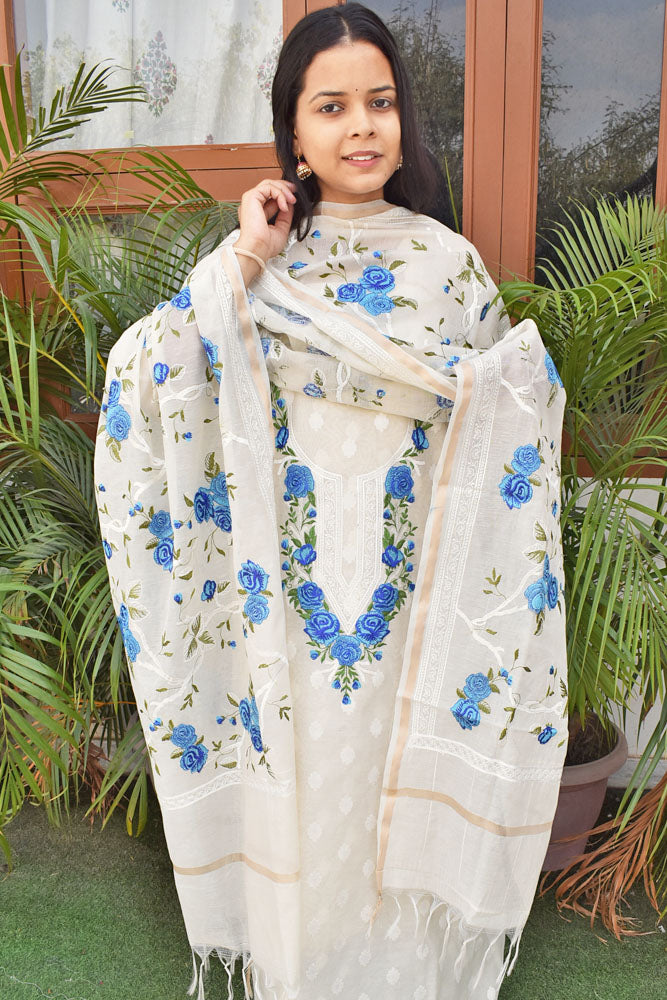 Beautiful embroidered Banarasi Slub Cotton Chanderi suit