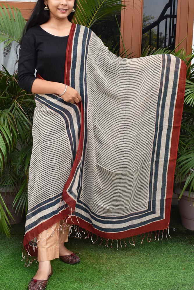 Elegant Hand Block Printed Pure Linen dupatta