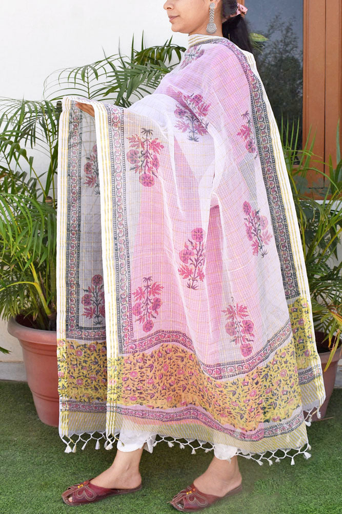 Beautiful Hand Block Printed Kota Doria Dupatta with zari checks and zari border