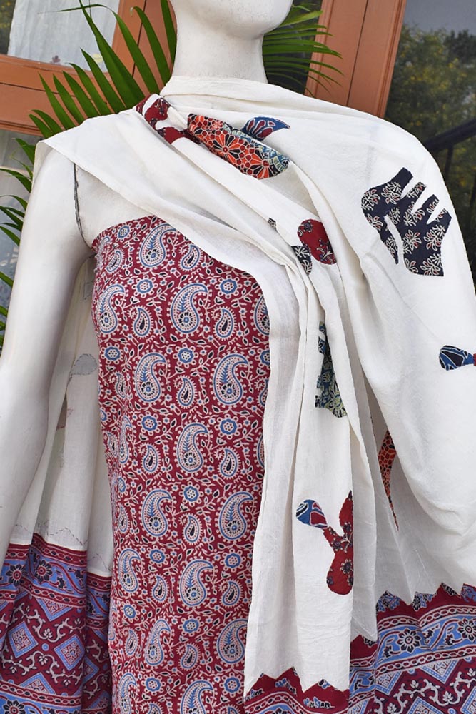 Beautiful Ajrakh kurta fabric with Hand Patch work dupatta