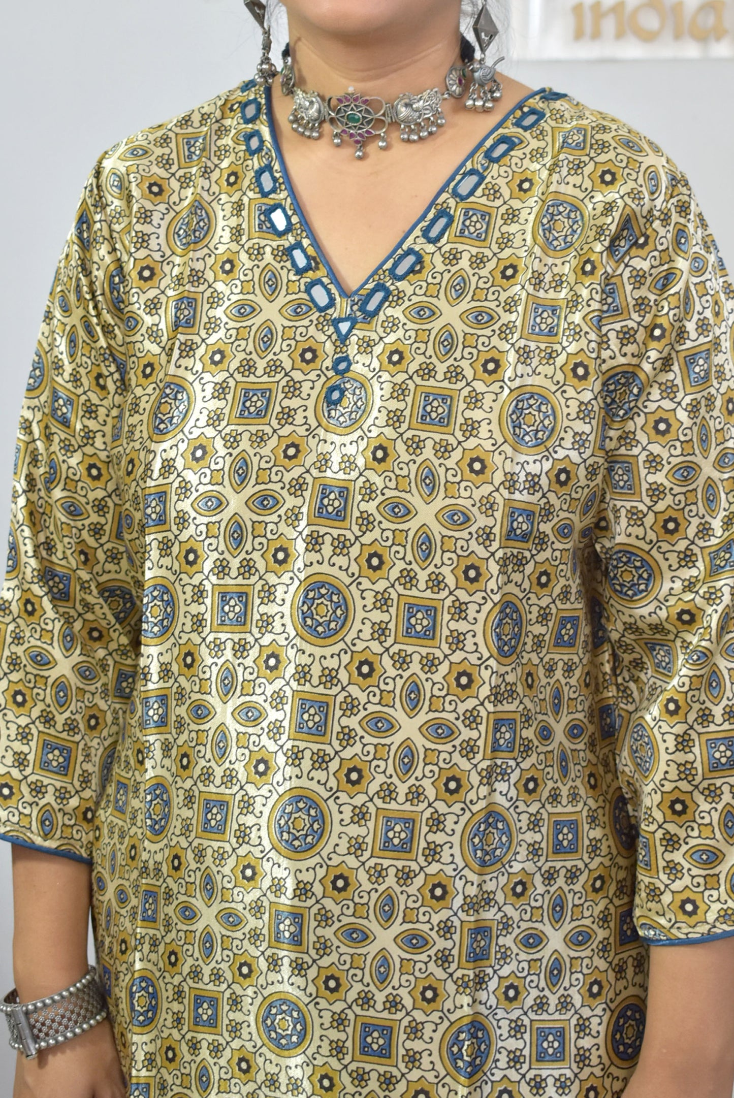 Beautiful Mashru Silk Ajrakh Kurta with Kutch mirror work size - 40-44