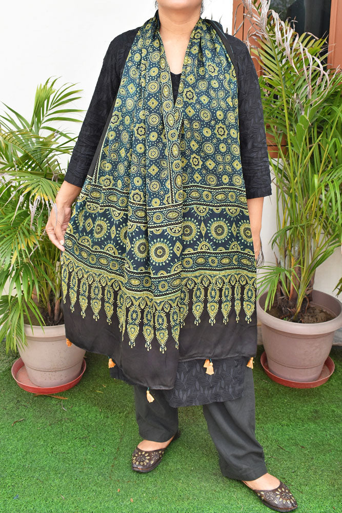 Beautiful Hand Block Printed Ajrakh Modal Silk stole with Tassels