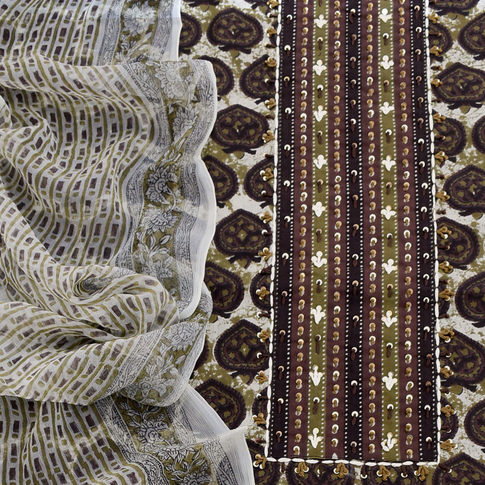 Premium Dabu Ajrakh Cotton Unstitched Suit with Intricate Hand Embroidery, mirror & sequin work & chiffon dupatta