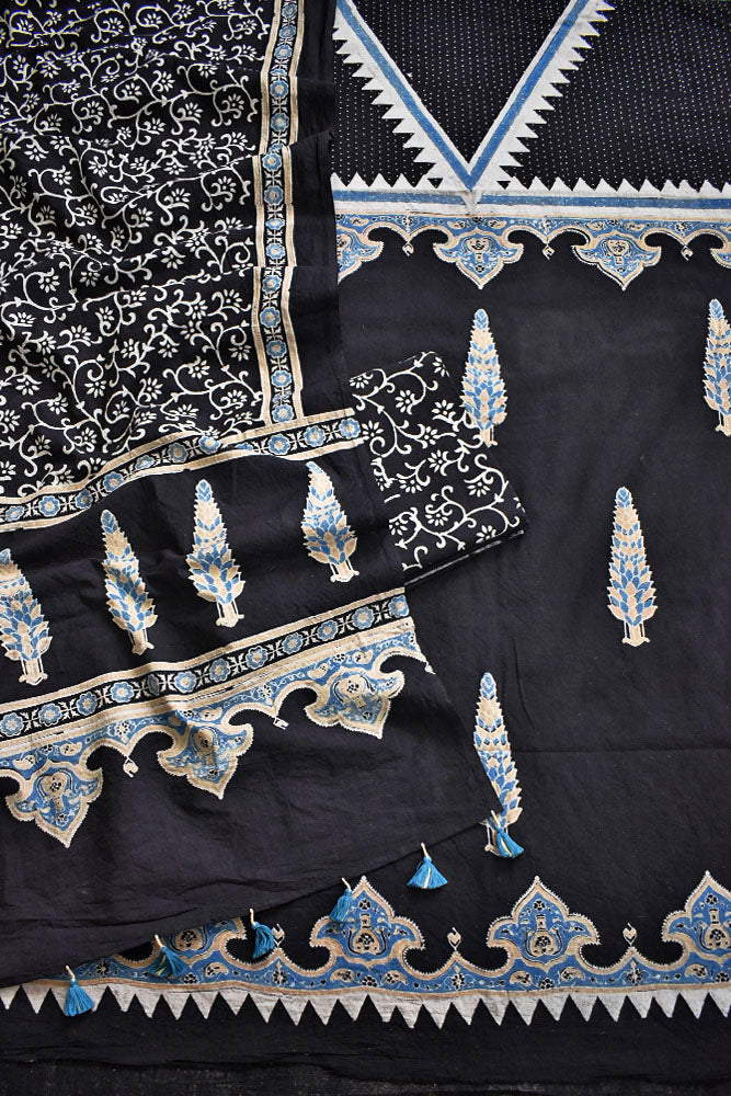 Block Print Ajrakh Cotton Suit with designer Ajrakh neck yoke /panel & Dupatta