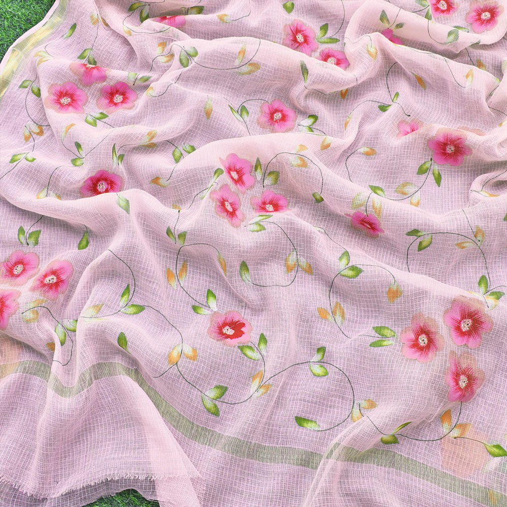 Prakriti : Beautiful Kota Doria Saree with Hand Painted Floral Motifs - Baby pink color