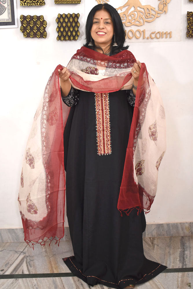 Beautiful Cotton Unstitched Suit with Neck patch, Intricate Hand Embroidery & Block print Kota dupatta