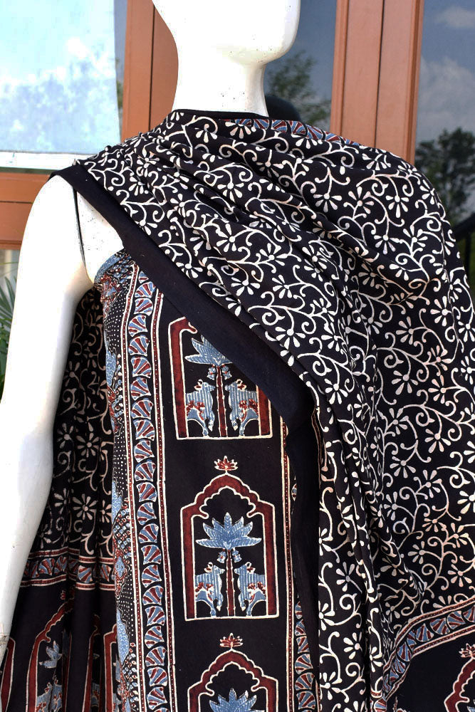 Hand Block Print Ajrakh Cotton Suit with designer Ajrakh neck yoke pattern