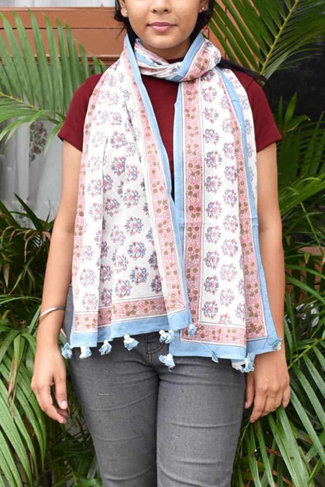 Elegant Hand block printed Cotton stole with cloth tassels