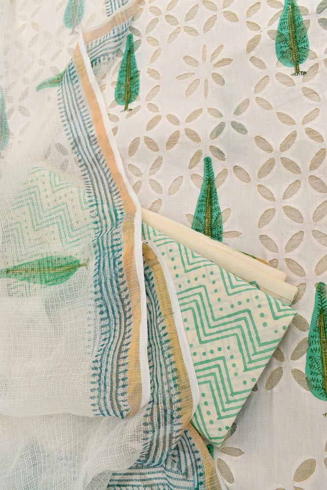 Hand Block Printed Cotton Suit with Hand applique work & Kota dupatta