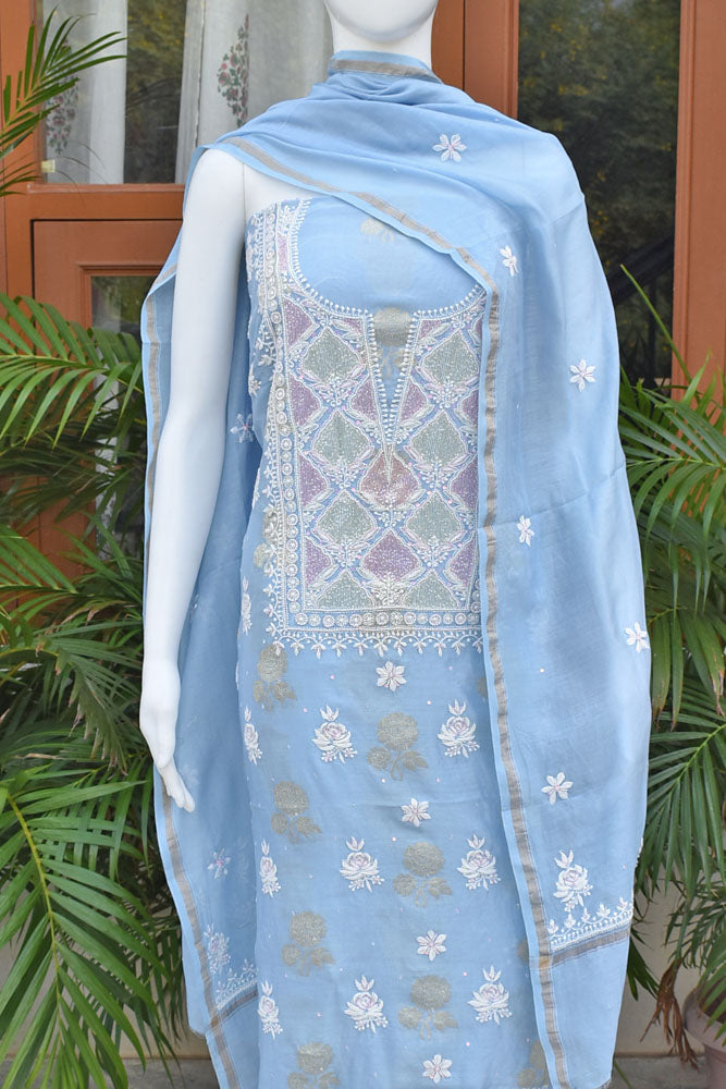 Banarasi Chanderi silk Kurta fabric & Dupatta with Chikankari , pearl, cutdana & sequins work