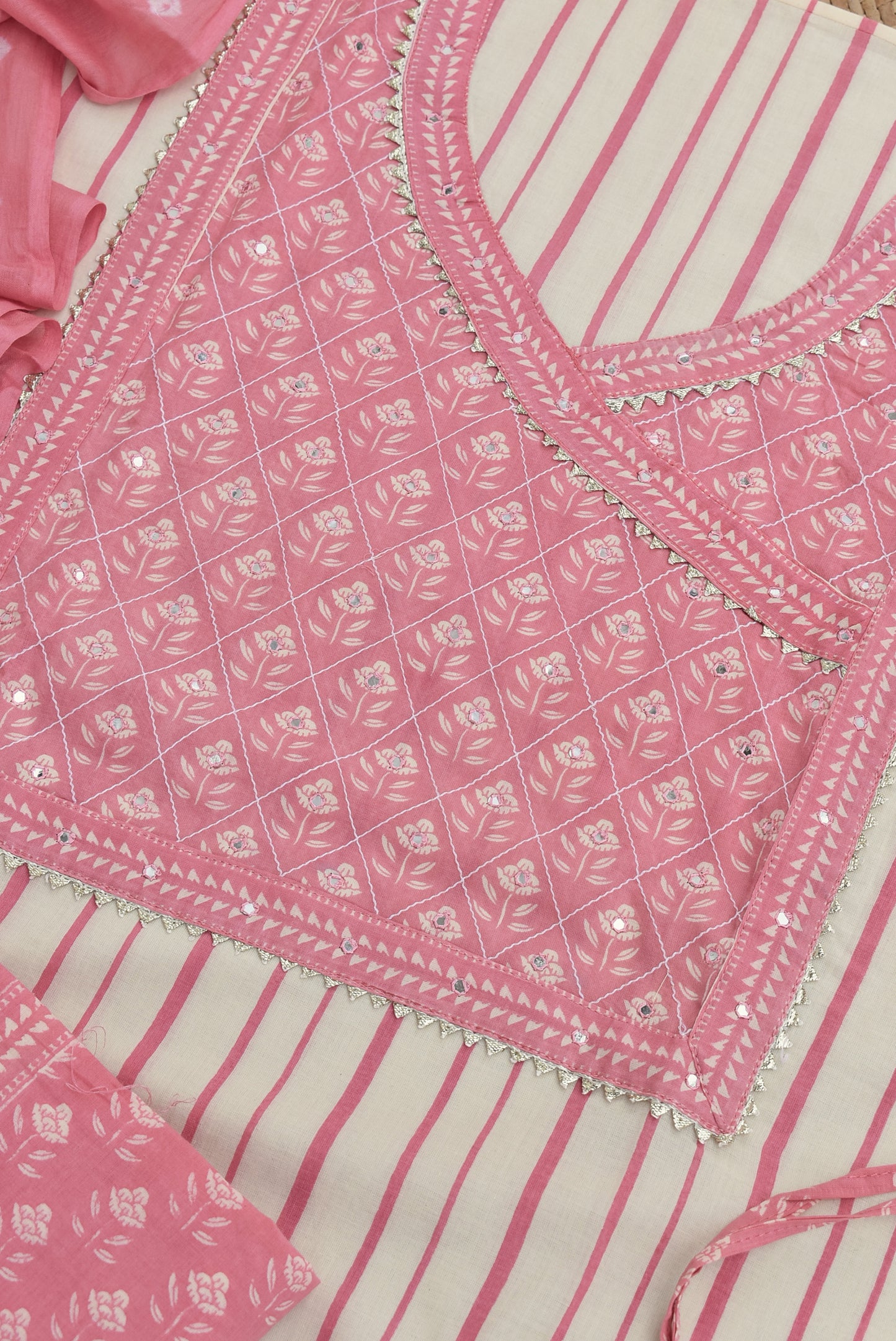 Beautiful Cotton suit with readymade yoke, embroidery and mirror work with Bandhani Cotton dupatta