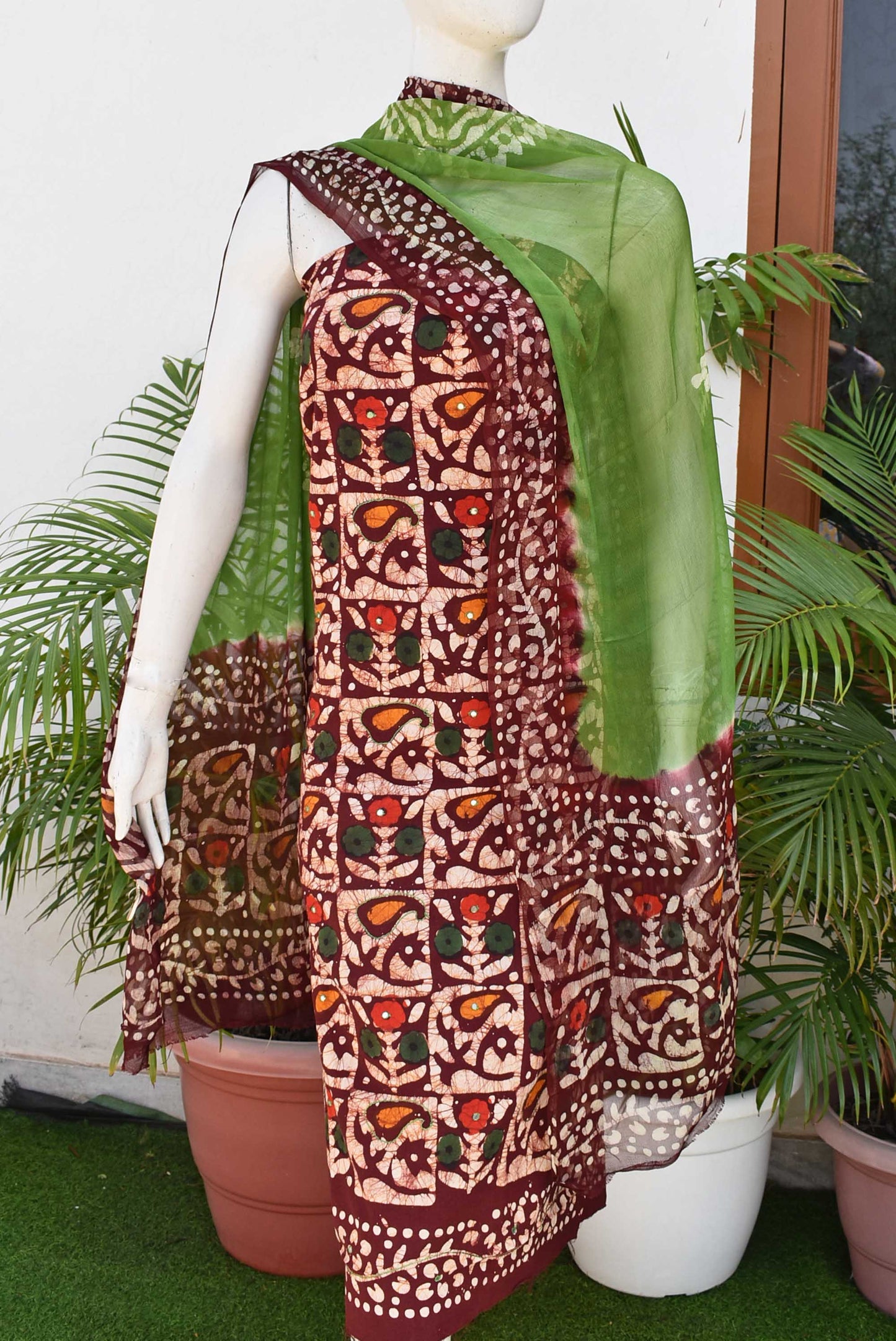 Wax Batik Work Cotton Unstitched Suit Fabric with foil mirror, embroidery & chiffon dupatta