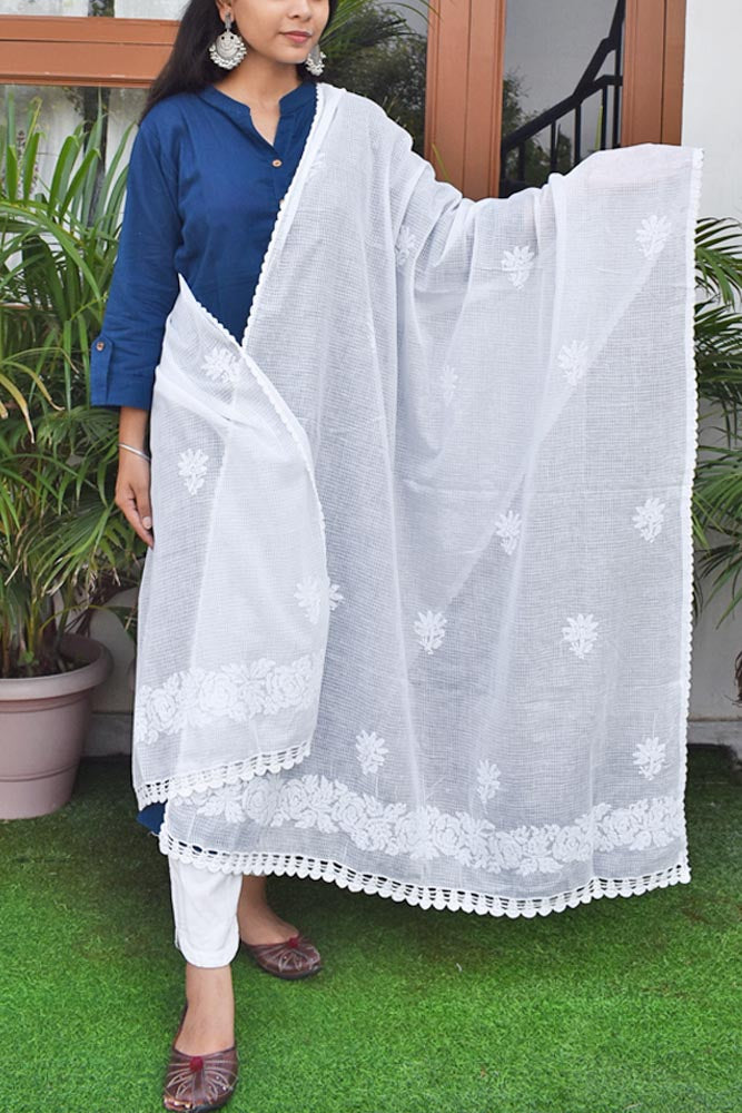 Handcrafted Kota Cotton Dupatta with Chikankari embroidery & crochet borders
