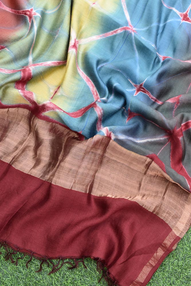 Clamp Dyed Chanderi Dupatta with Zari border and palla