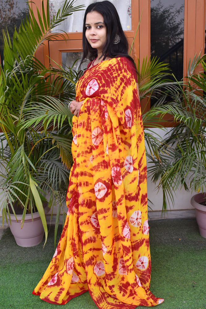 Semi Organza Saree with Hand Tie Dye work