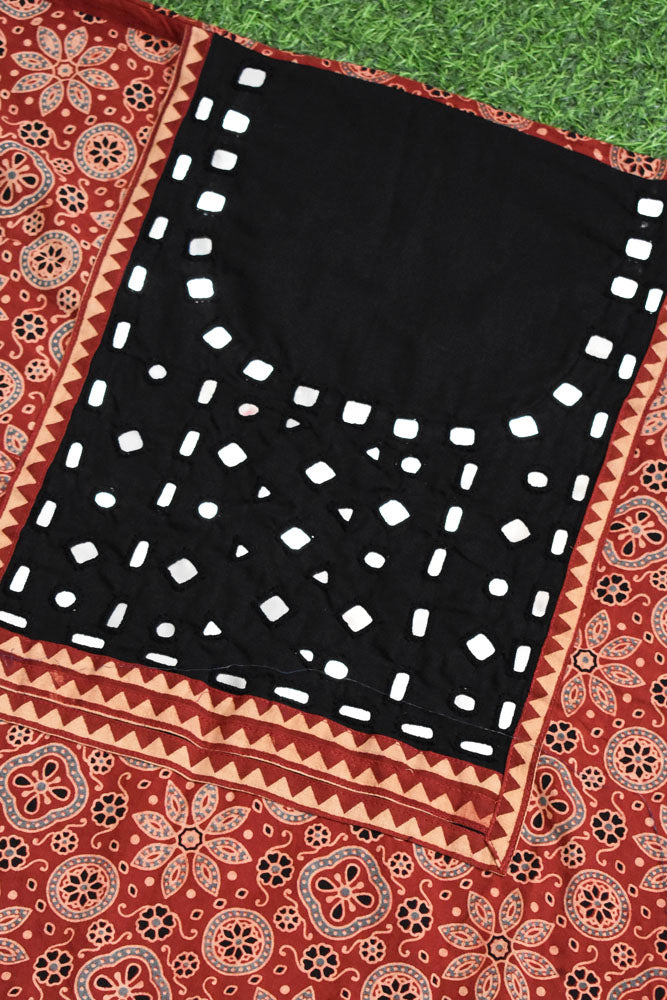 Designer Ajrakh Cotton Kurta Fabric with Kutch Mirror Work patch
