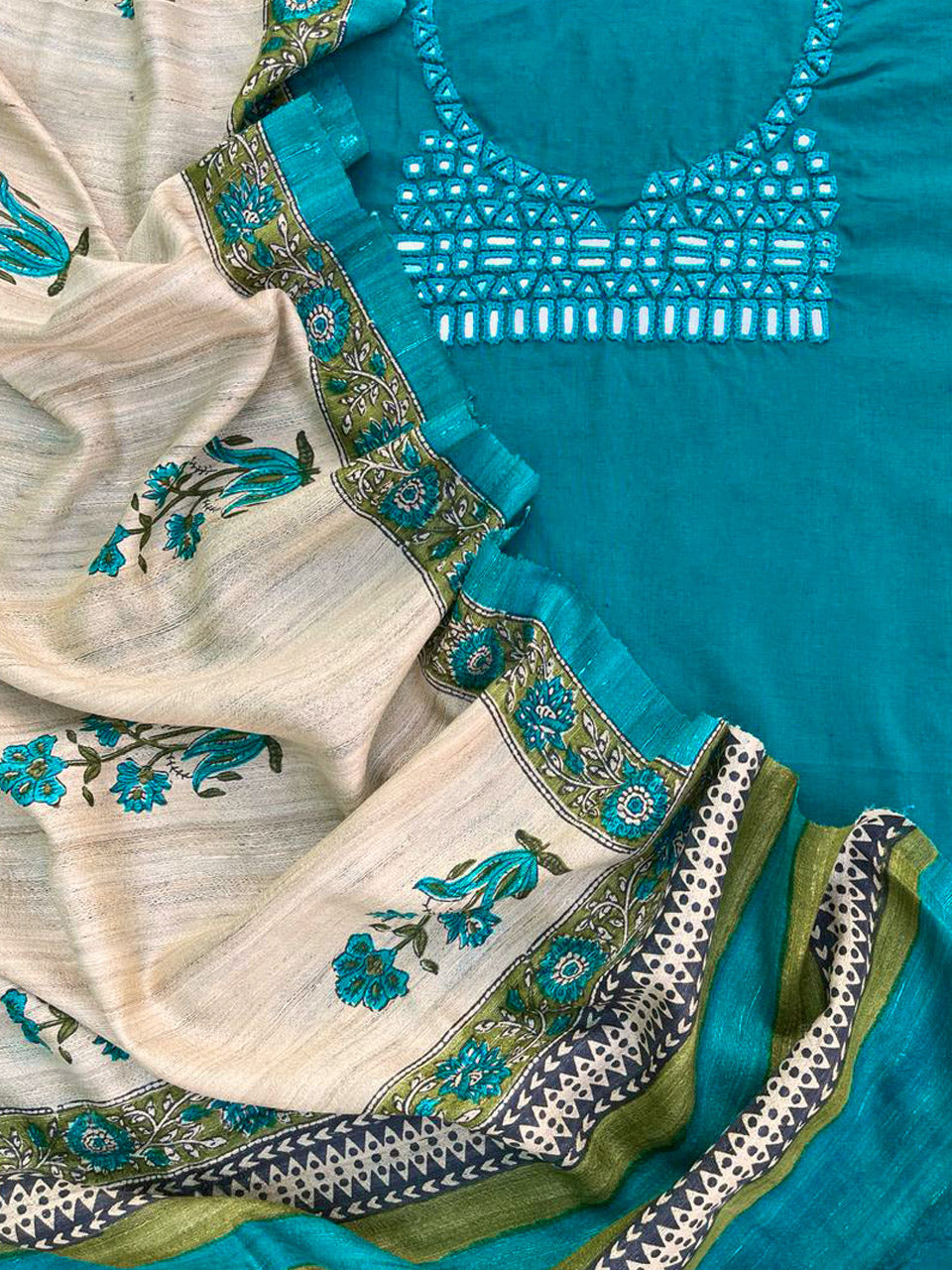 Handwoven Cotton Kurta fabric with Kutch Mirror work Geecha Silk dupatta