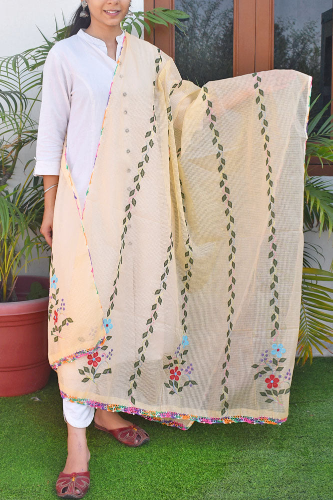 Handcrafted Phool Patti Applique & Hand Crochet work Kota cotton dupatta