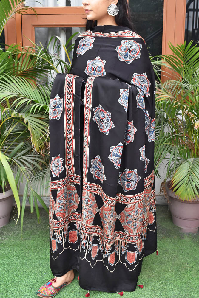 Elegant Modal Silk Ajrakh Block Print Dupatta with tassels