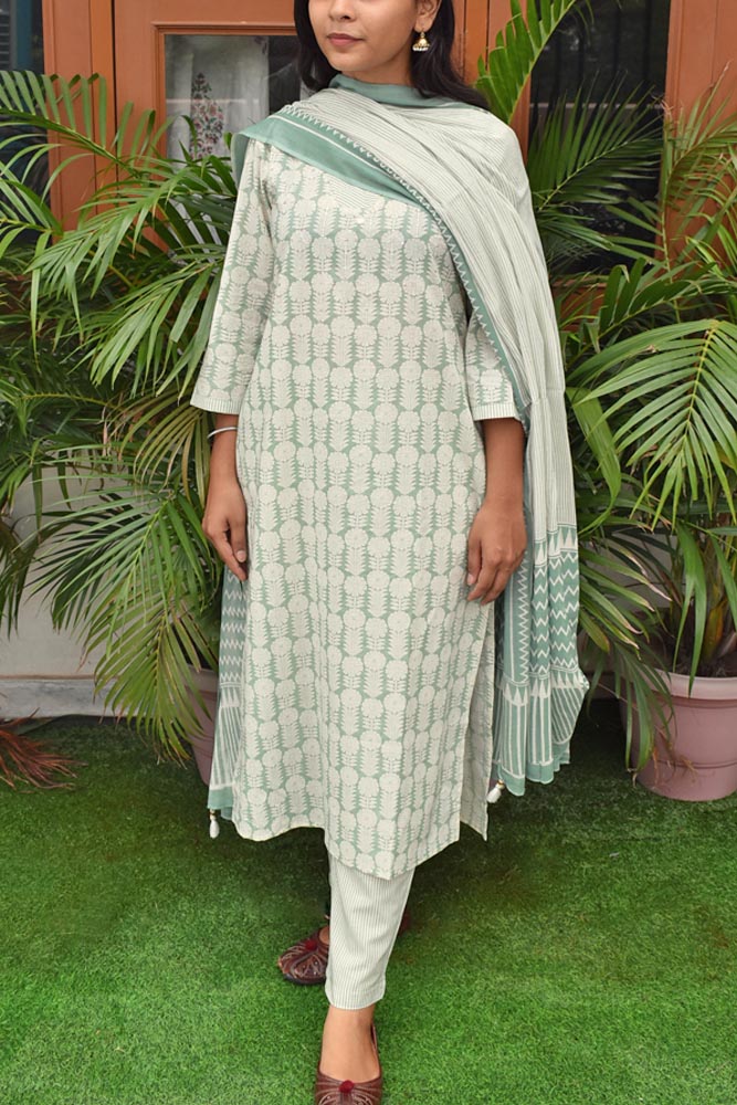 Hand Block Printed Cotton suit with Hand Embroidery & Sequins work- Kurta , Mul cotton Dupatta & Pant - size 36, 38, 40, 42, 44