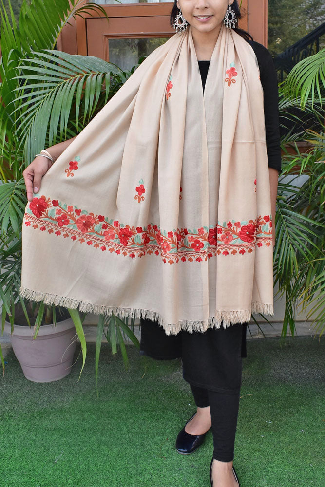 Elegant, Fine& Soft Semi Pashmina Woolen Stole with Aari work Embroidery