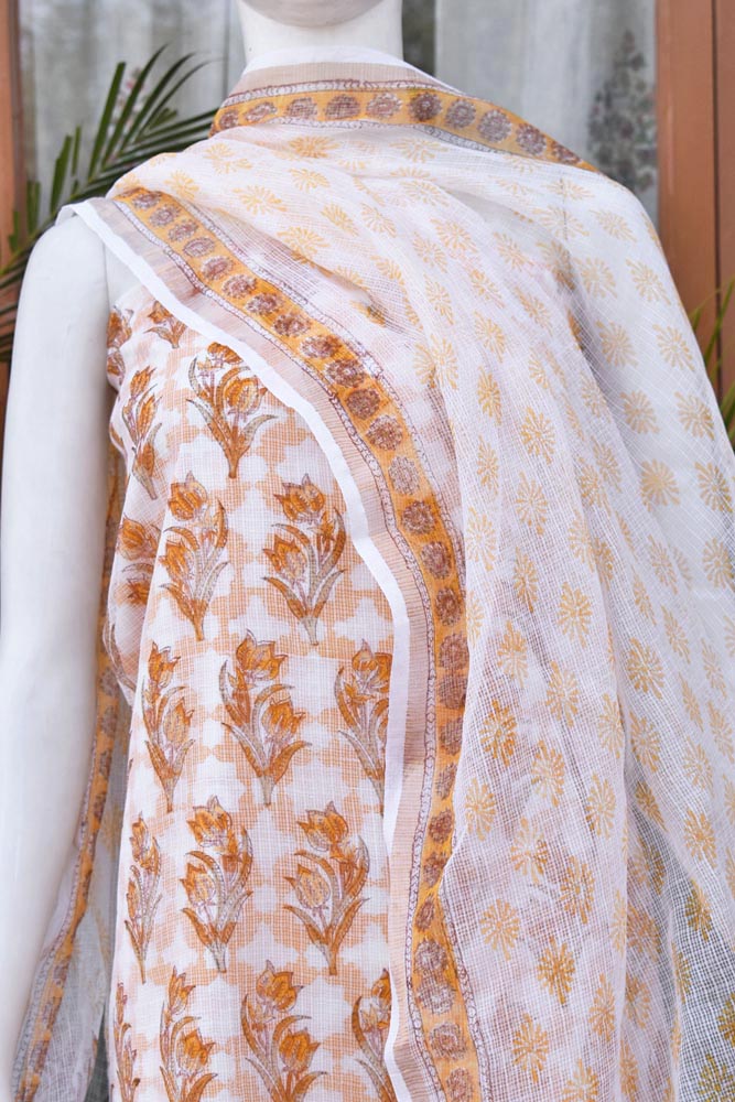 Elegant Sanganer Hand Block Printed Kota cotton Unstitched suit with Cotton Lining & bottom - 4 pc set