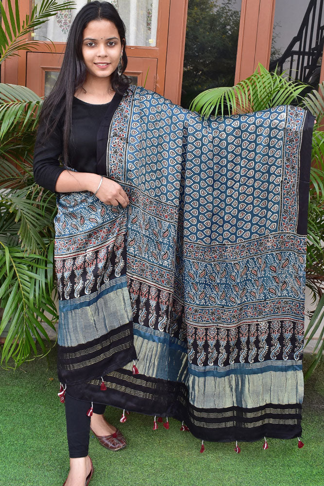 Elegant Modal Silk Ajrakh Block Print Dupatta with zari lagdi patta palla & Tassels