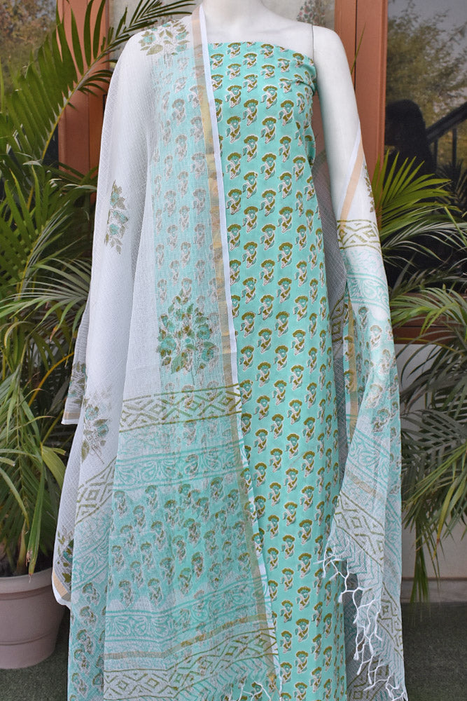 Beautiful Hand Block Printed Cotton unstitched suit fabric with Kota Doria Dupatta