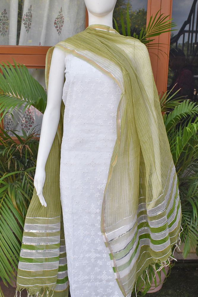 Premium Kota Unstitched suit with Schiffli & sequin work & Hand Block Print Dupatta