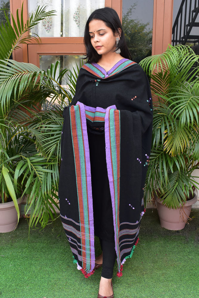 Elegant Handwoven Organic Kala Cotton Bhujodi Dupatta with Mirror , Miri Work and Tassels