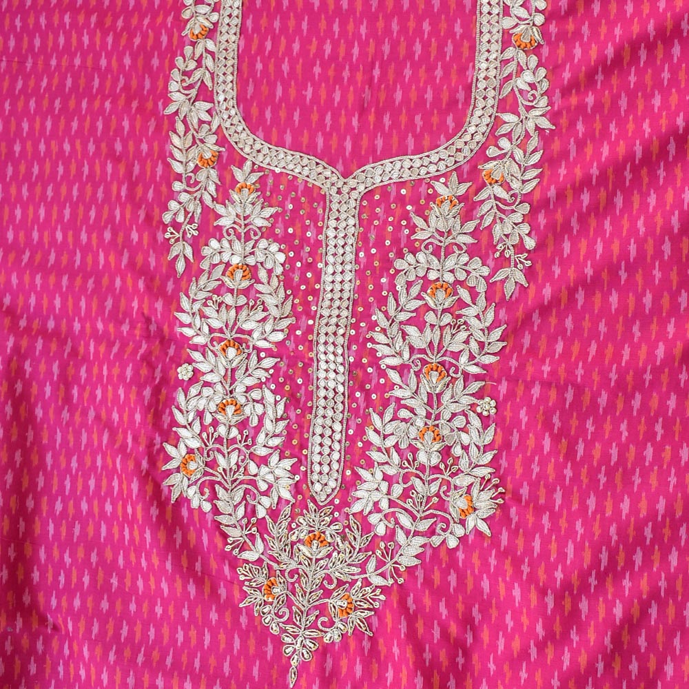Elegant Handwoven Ikkat Silk Cotton Fabric with Hand Embroidery ( 2.5 mtrs)
