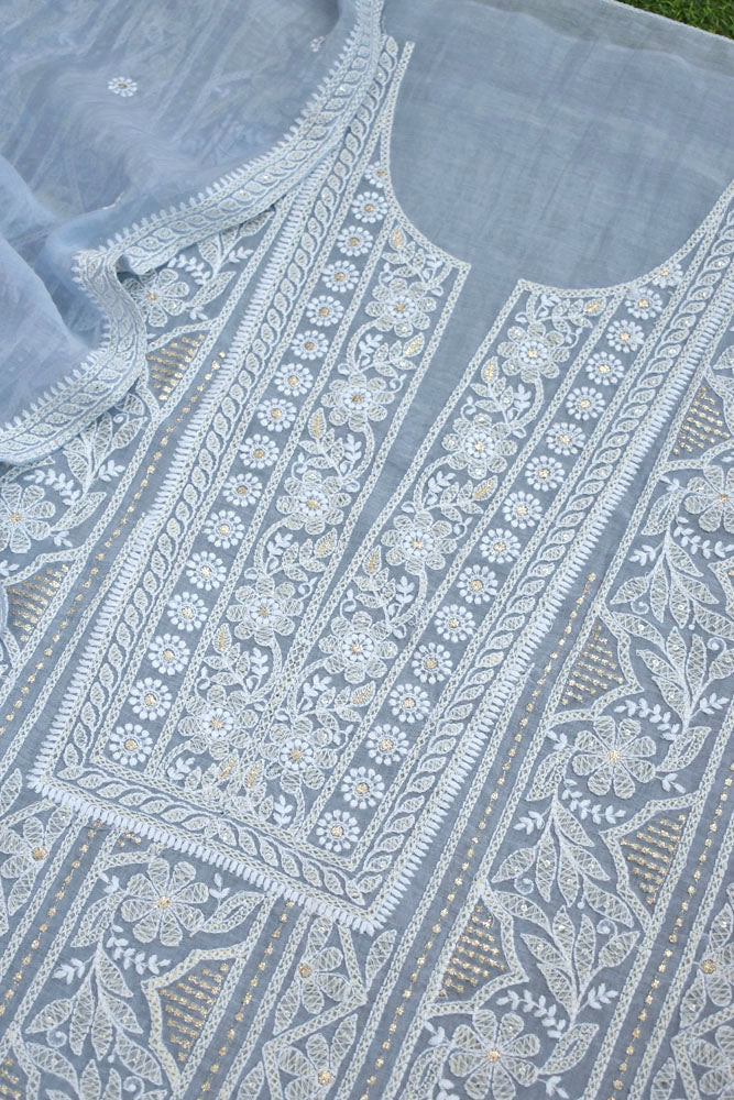 Gorgeous Mul Chanderi Kurta fabric & Dupatta set with embroidery