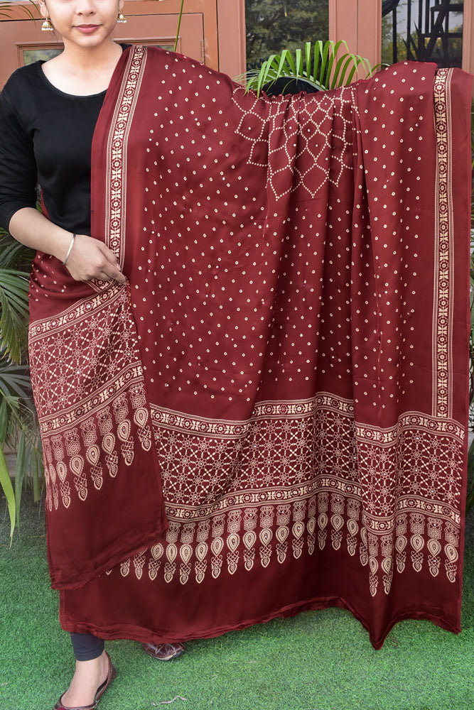 Elegant Modal Silk Dupatta with Bandhani Print & Foil Mirror Work
