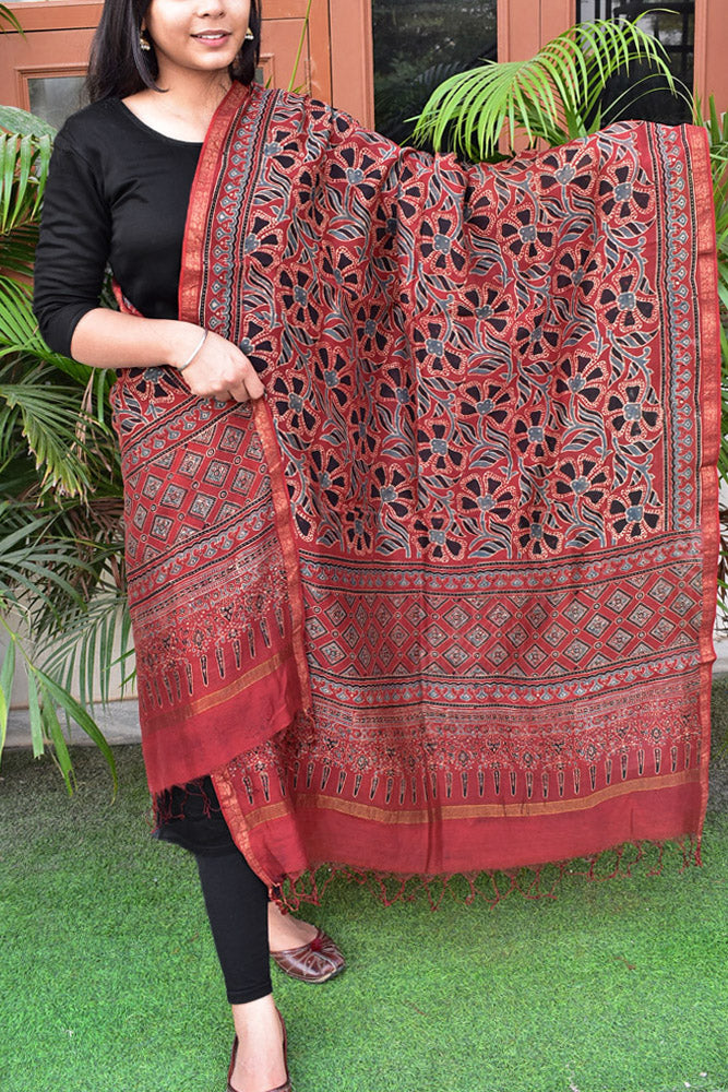 Elegant Ajrakh Hand Block Print Chanderi Dupatta