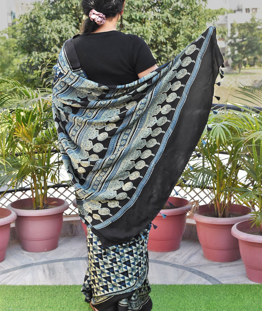 Elegant Hand Block Printed Ajrakh Modal Silk Saree with tassels