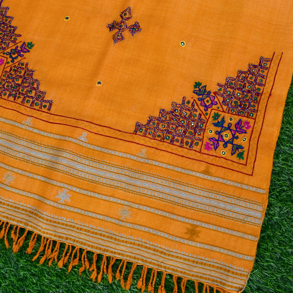 Handwoven Kutch Pure Merino Wool Stole with Mutva Hand Embroidery work