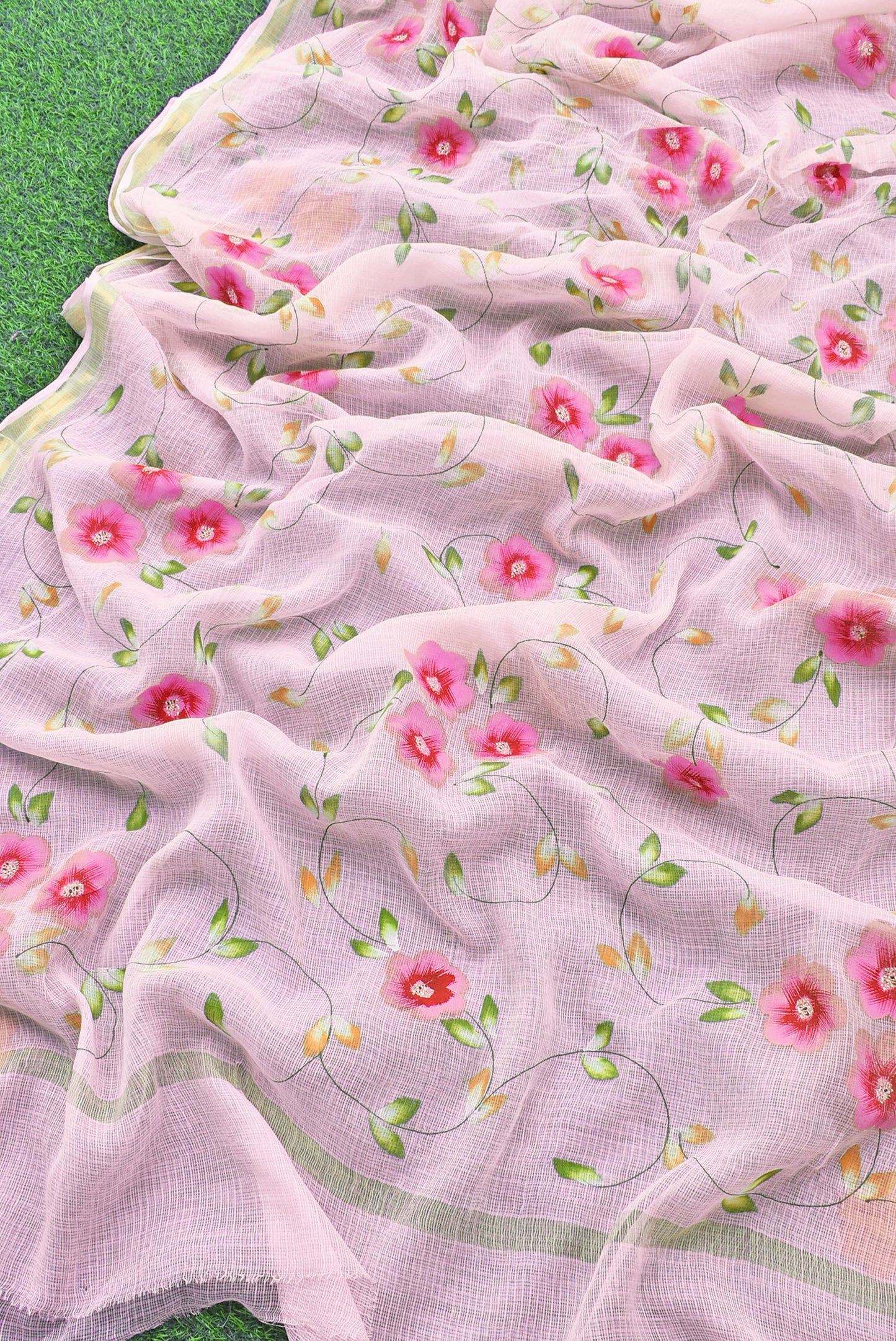 Prakriti : Beautiful Kota Doria Saree with Hand Painted Floral Motifs - Baby pink color