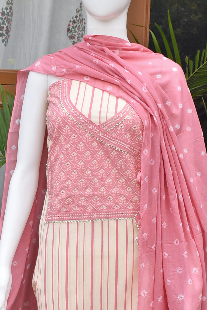 Beautiful Cotton suit with readymade yoke, embroidery and mirror work with Bandhani Cotton dupatta